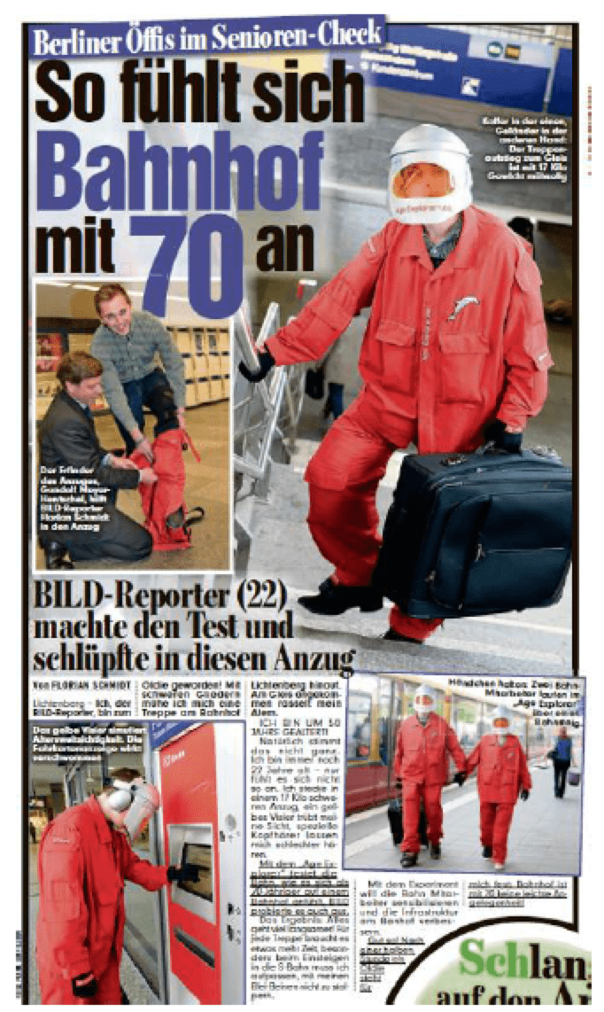 BILD: So fühlt sich Bahnhof mit 70 an. BILD-Reporter (22) machte den Test und schlüpfte in diesen Anzug. Florian Schmidt.